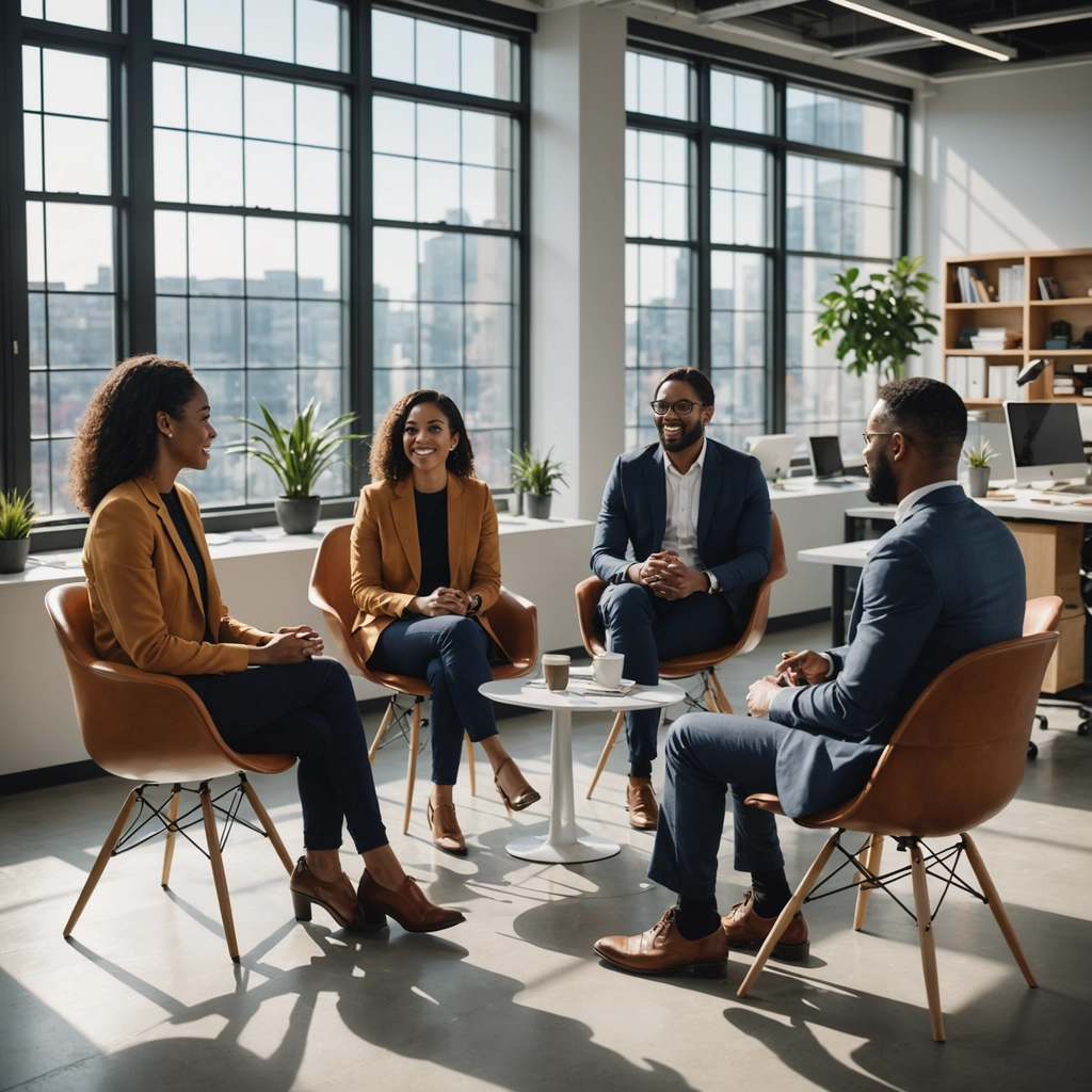 Four people in business attire sit in a modern office, engaged in a meeting around a small table with coffee cups, large windows and shelves in the background.