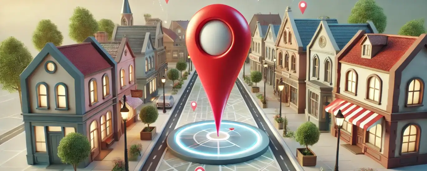 A digital map location pin hovers over a quaint street with colorful buildings, representing the best SEO services for small businesses to optimize local website visibility and navigation.