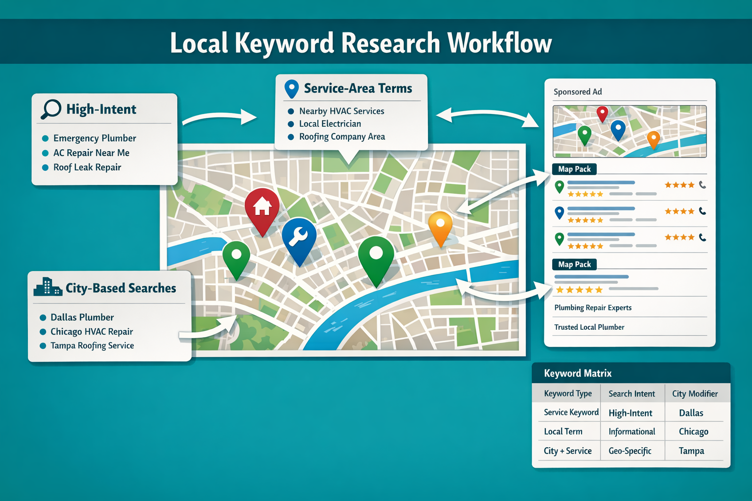 Detailed () infographic-style illustration showing a local keyword research workflow: a central city map with colored pins