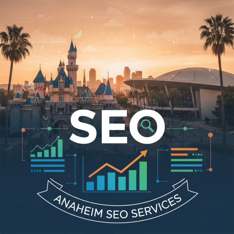 Anaheim cityscape with local SEO digital marketing overlay highlighting Disneyland Resort and the Resort District.