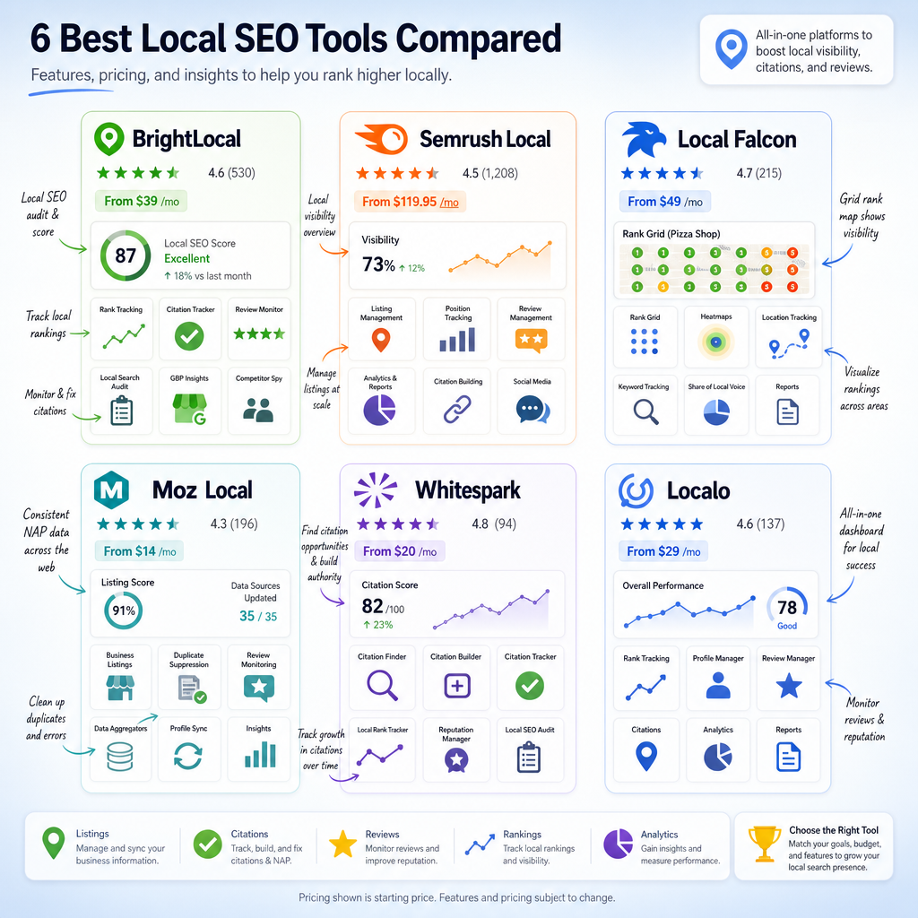 Detailed () comparison infographic-style illustration showing a side-by-side grid of six local SEO software tool logos