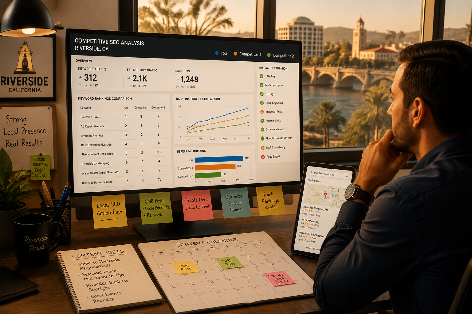 Detailed () concept illustration depicting a Riverside business owner at a modern desk reviewing a large monitor showing
