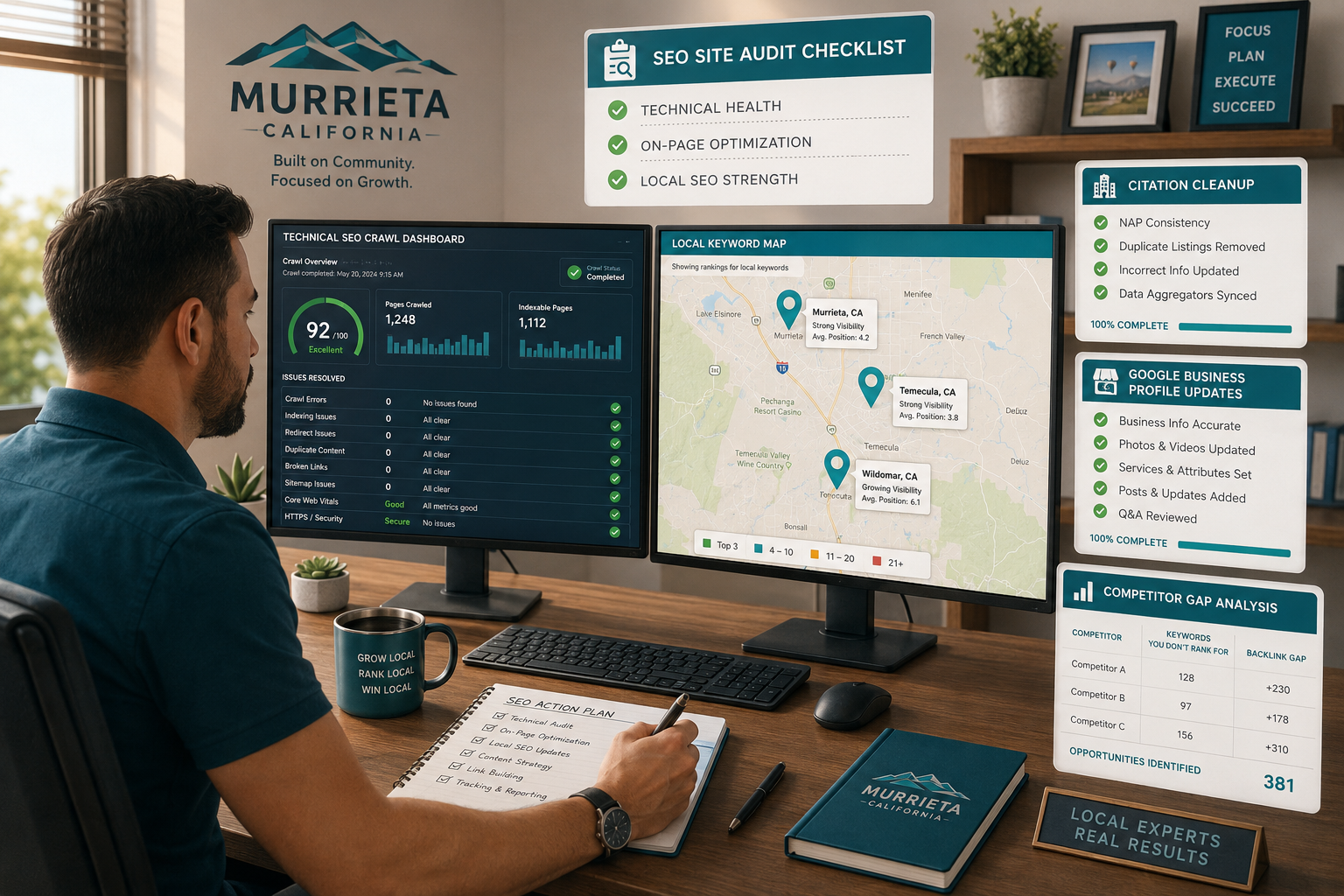Detailed () concept illustration of a Murrieta CA business owner at a modern desk reviewing a multi-layered SEO site audit