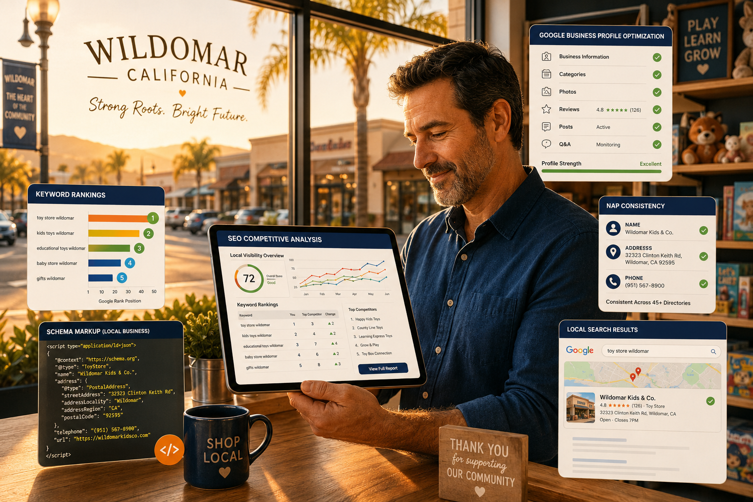 Detailed () concept illustration showing a Wildomar CA local business owner (family-oriented retail shop storefront visible