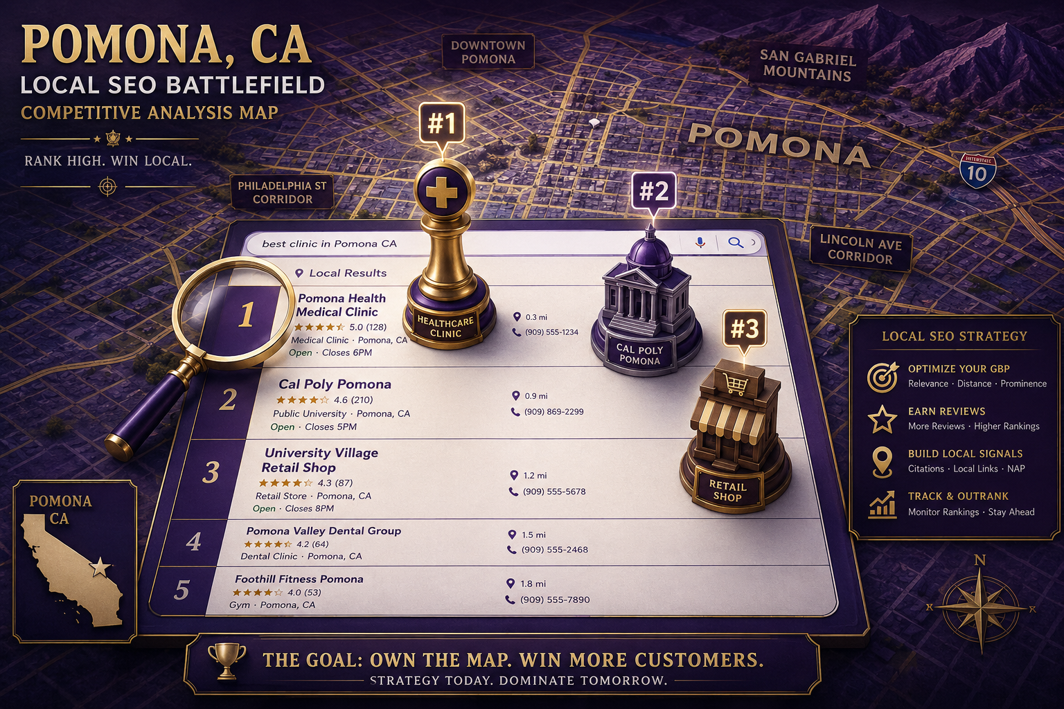 Detailed () concept illustration showing a competitive analysis battlefield map styled as a Pomona city grid from above,