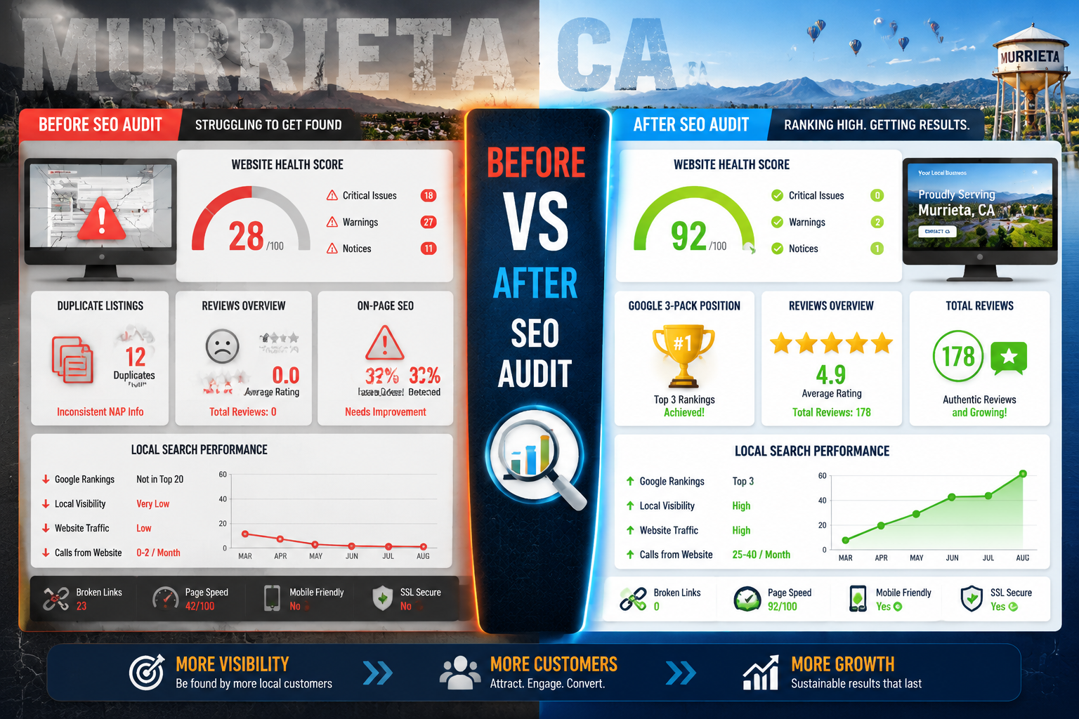 Detailed () editorial illustration showing a split-screen comparison: left side displays a cluttered, broken website audit