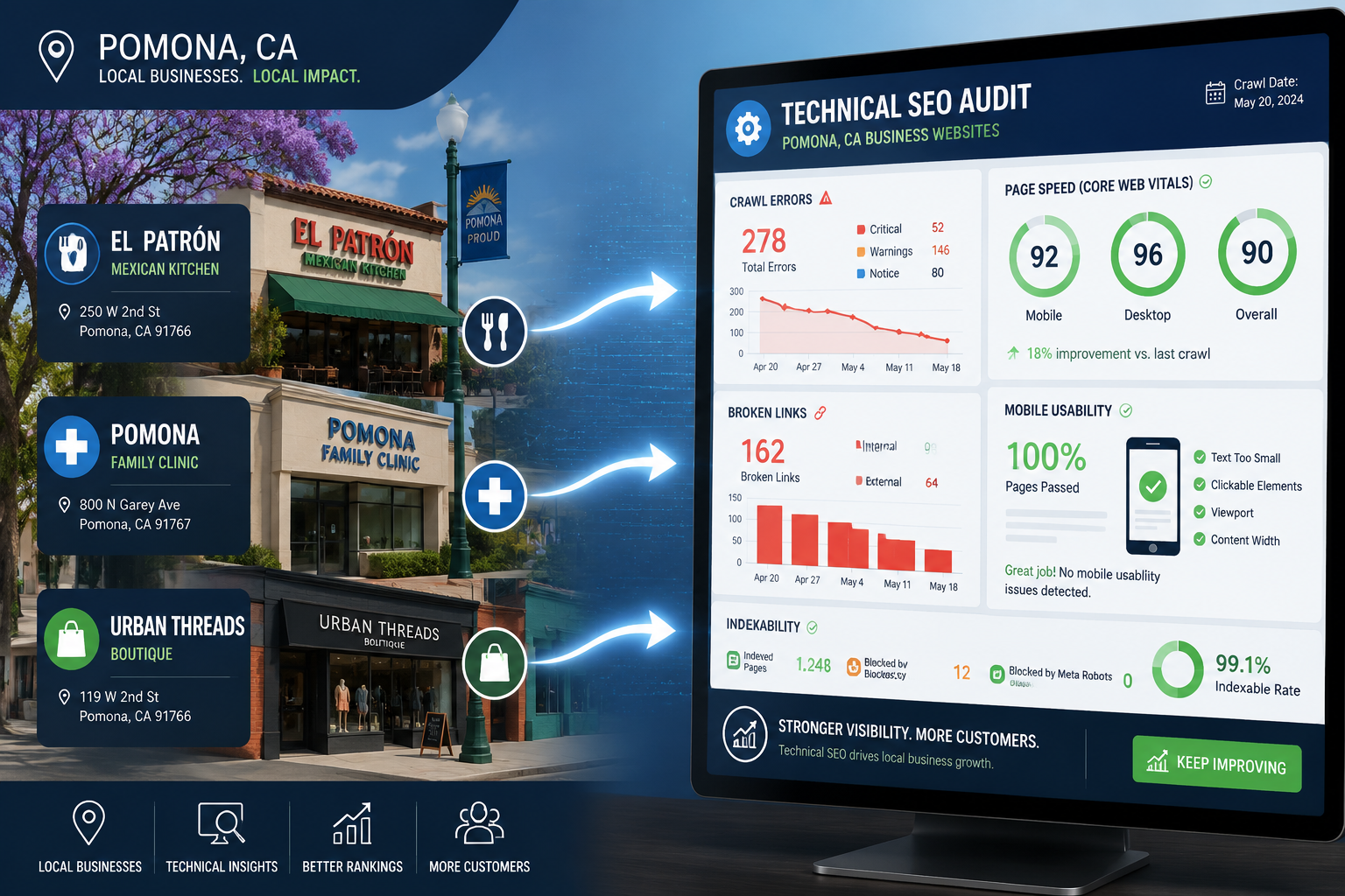 Detailed () editorial image showing a split-screen concept: left side displays a Pomona, CA street-level business district