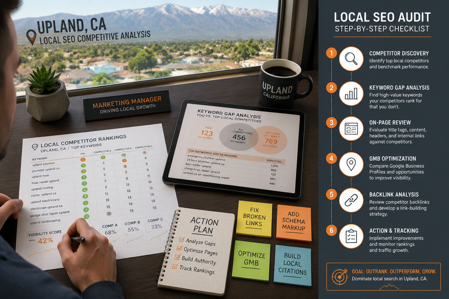 Detailed () editorial infographic-style image showing a top-down desk view of a marketing manager in Upland CA working on