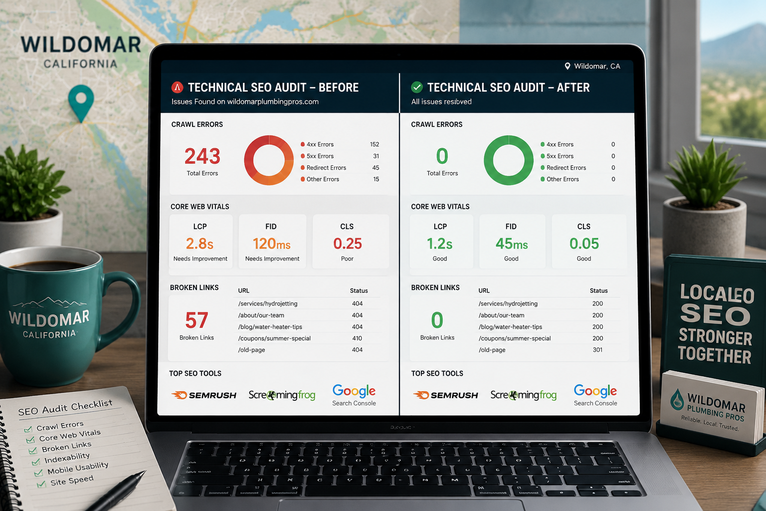 Detailed () illustration showing a split-screen technical SEO audit interface on a modern laptop screen, left side