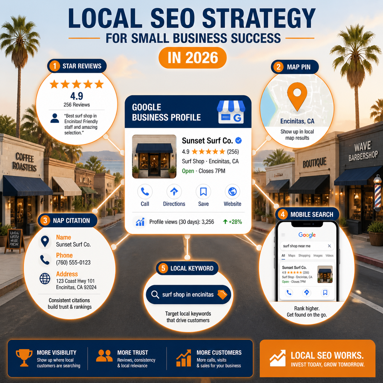 Detailed () infographic-style illustration showing a local SEO ecosystem diagram: a central Google Business Profile card
