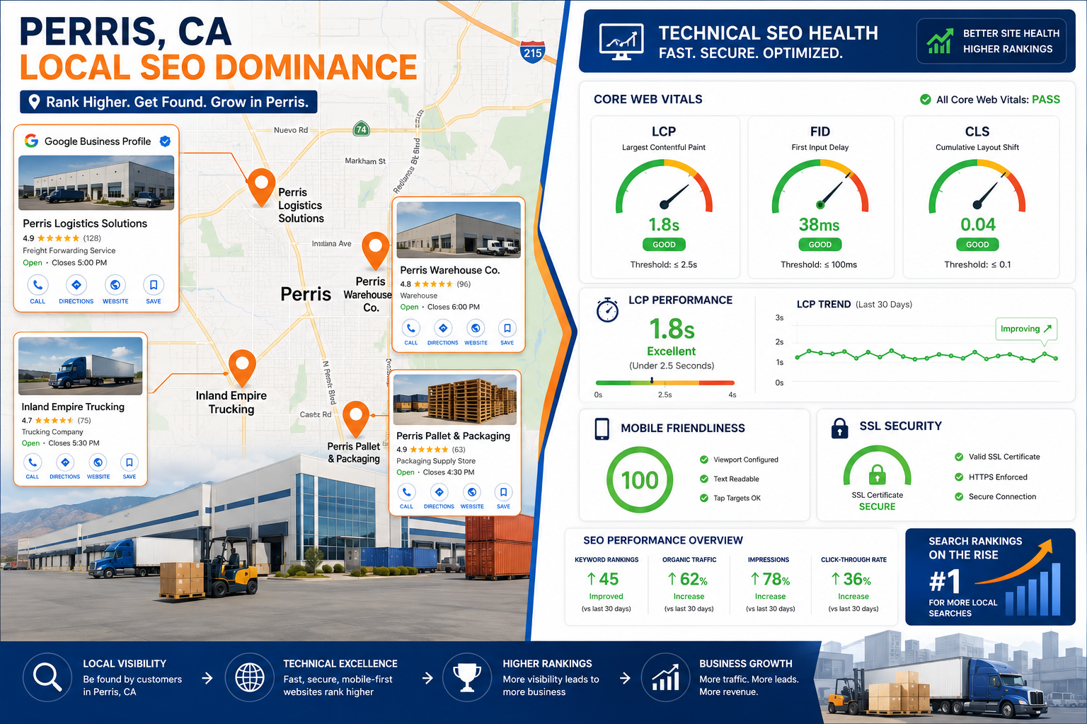 Detailed () infographic-style illustration showing a split-screen composition: left side displays a Perris CA street map