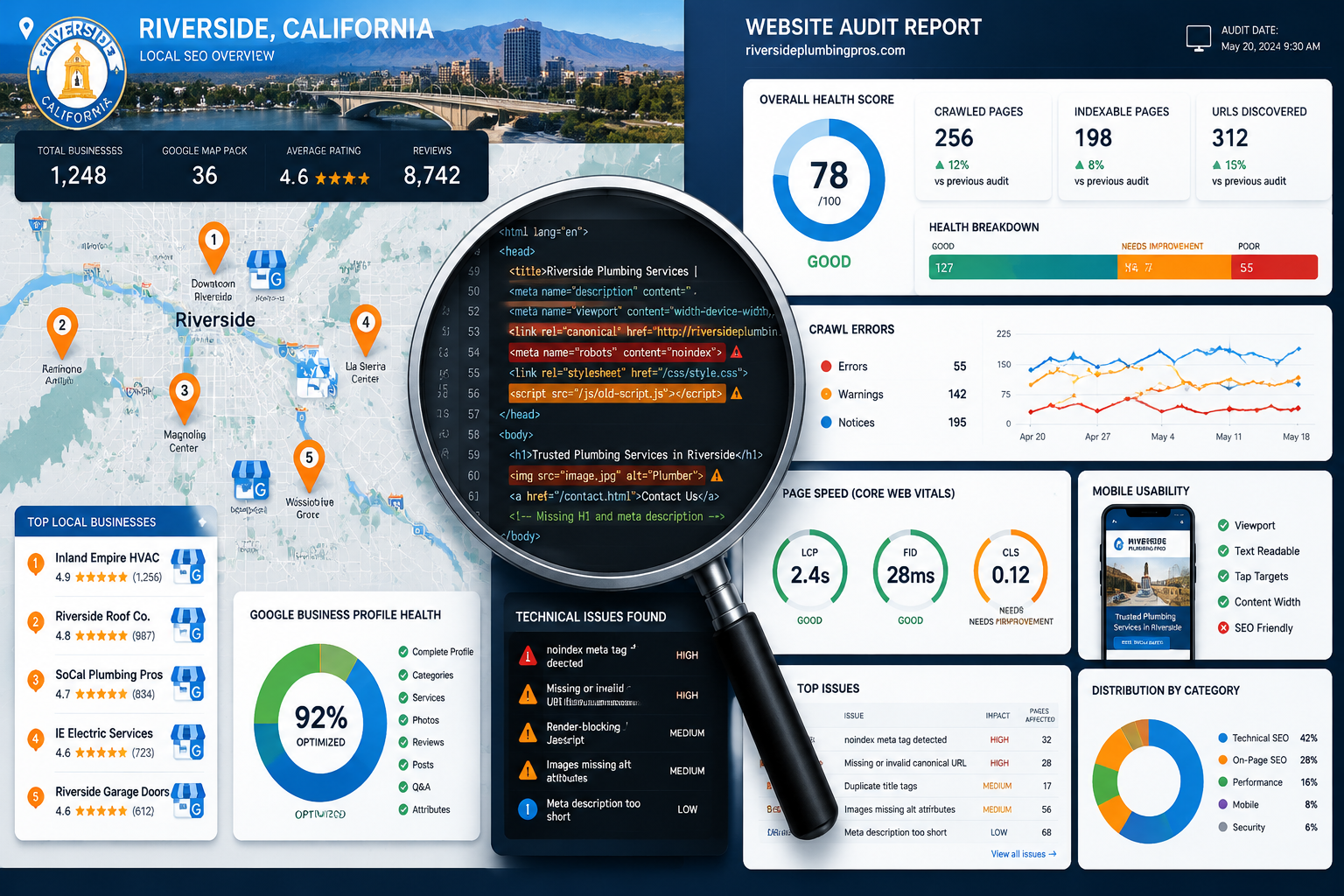 Detailed () infographic-style illustration showing a technical SEO audit dashboard split-screen: left side displays a