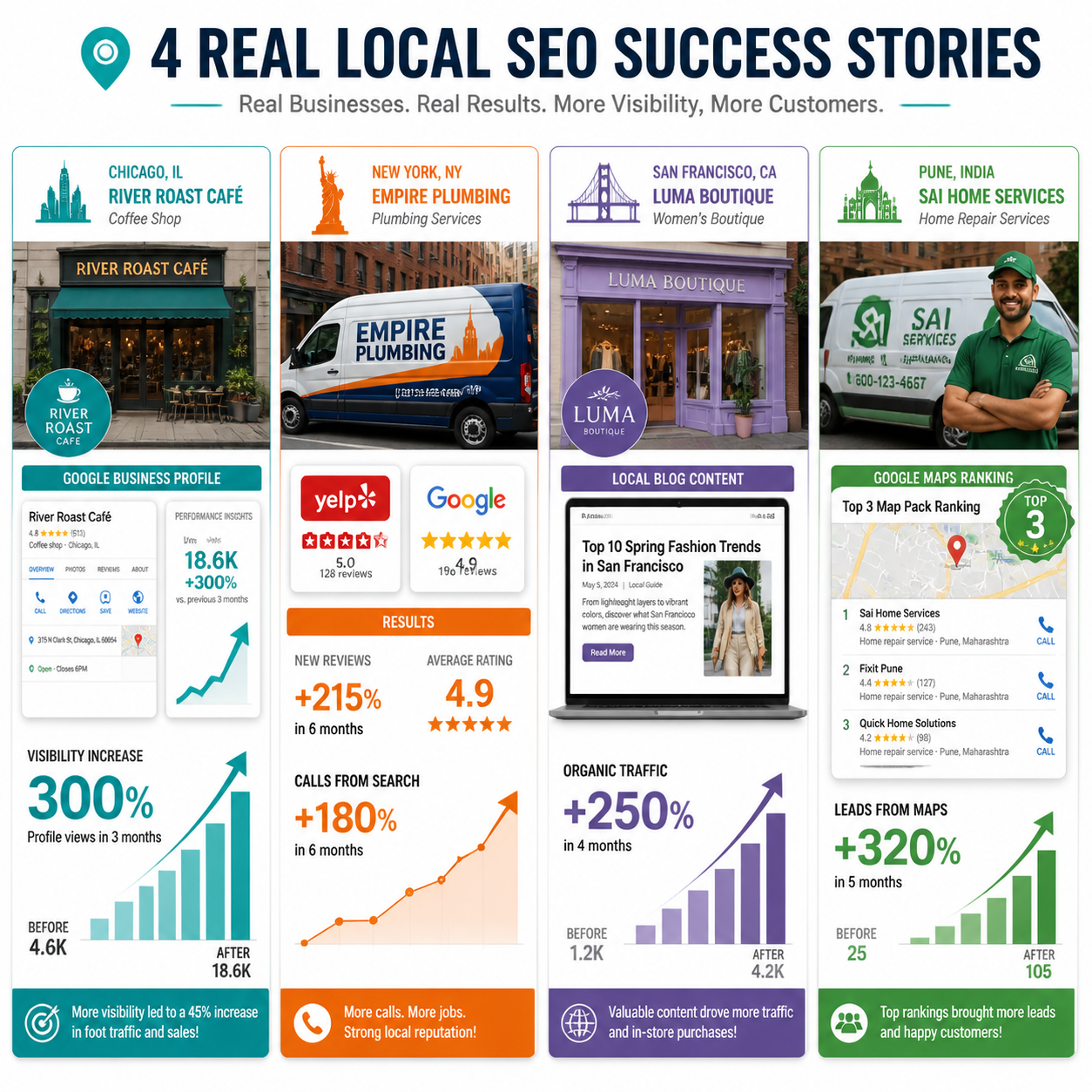 Detailed () infographic-style illustration showing four real small business local SEO success stories side by side: a
