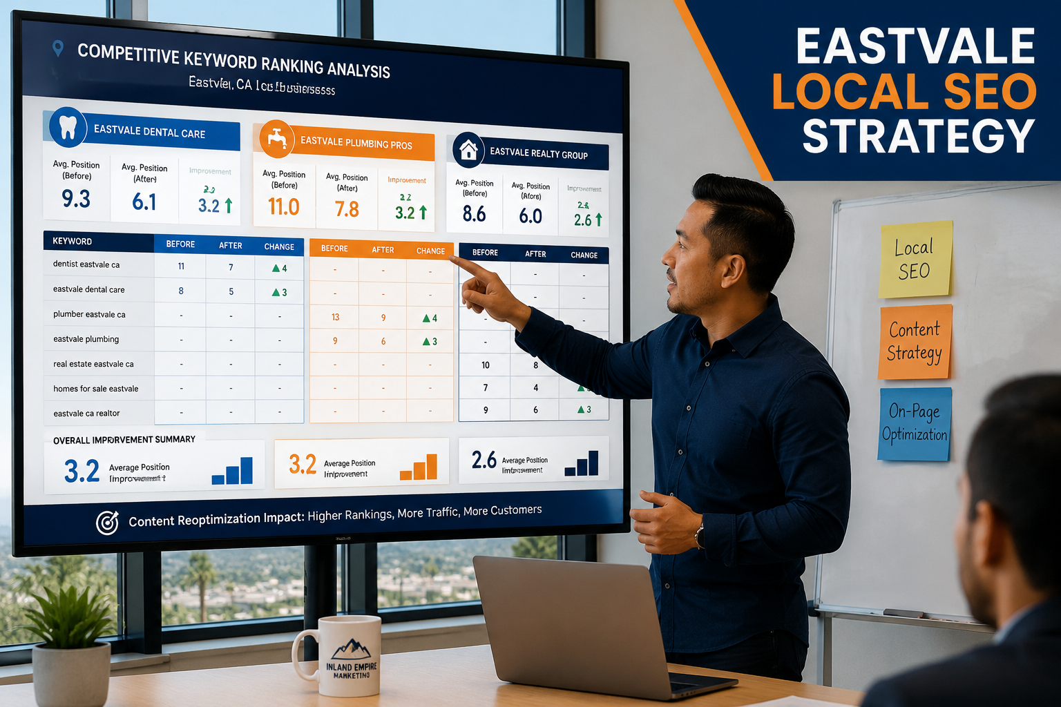 Detailed () showing a competitive analysis dashboard on a large monitor displaying side-by-side keyword ranking comparisons