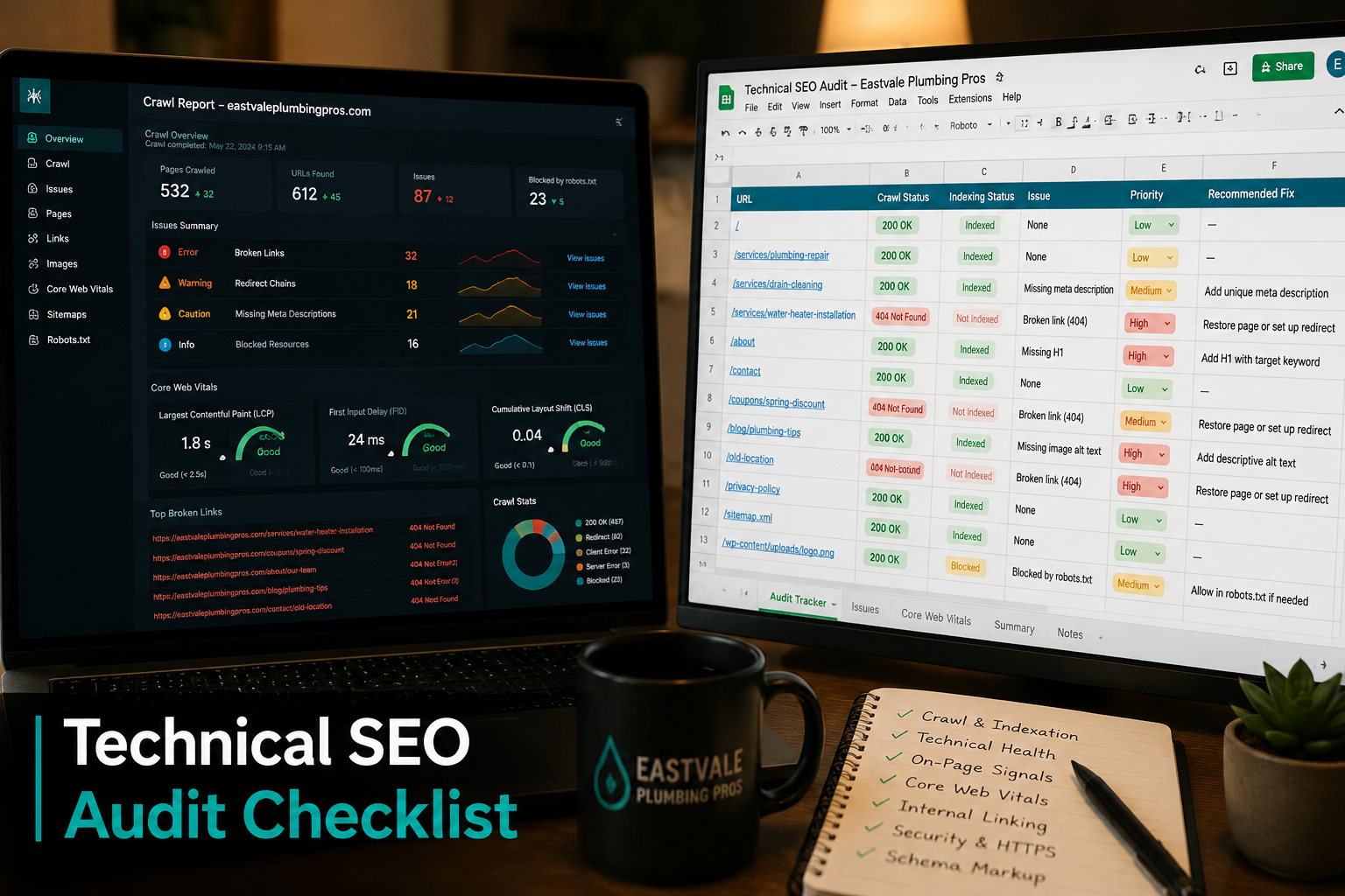 Detailed () showing a split-scene composition: left side features a close-up of a laptop screen displaying a technical SEO