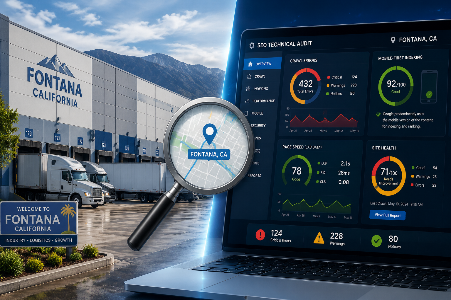 Detailed () showing a split-screen concept illustration: left side displays a Fontana CA warehouse facility exterior with