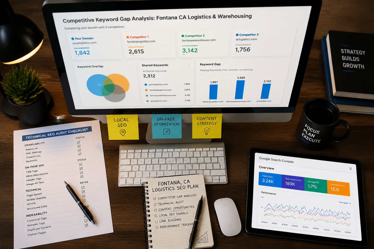 Detailed () showing a top-down overhead perspective of a digital marketing strategy workspace: large monitor displaying