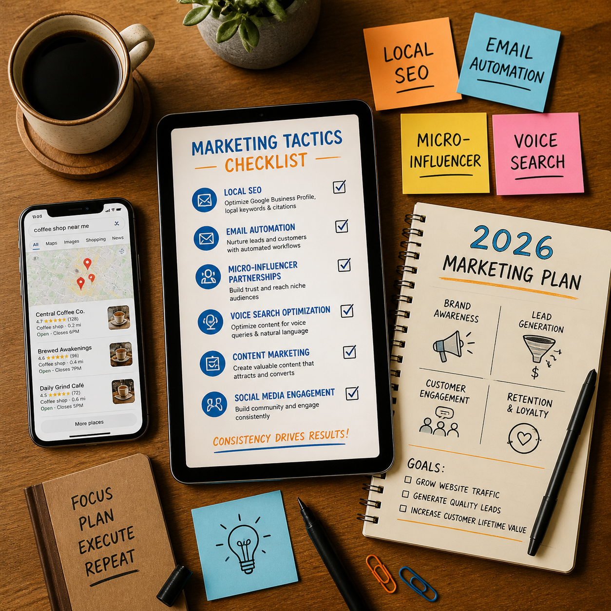 Wide-angle flat-lay editorial photograph () showing a small business owner's desk with a tablet displaying a marketing