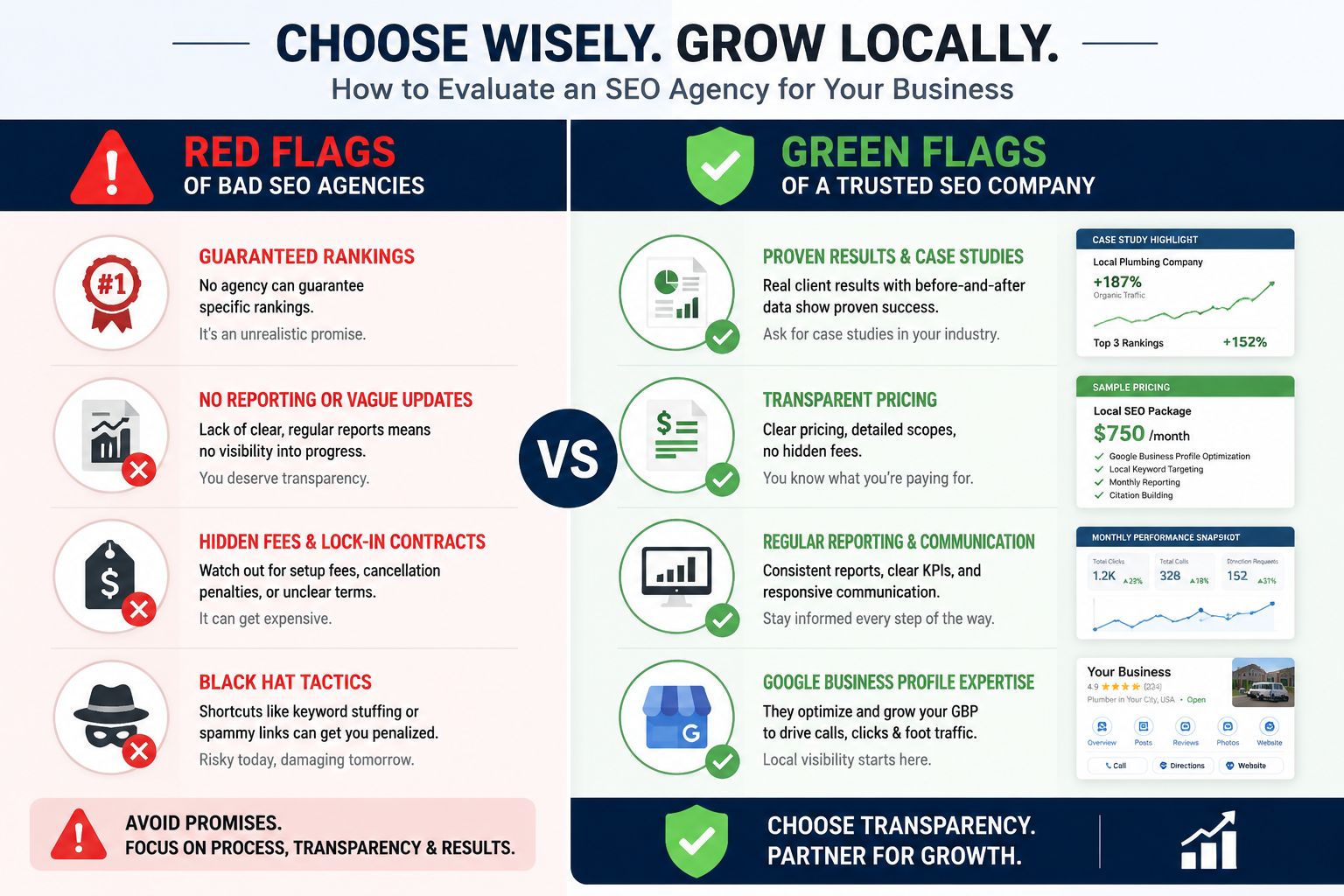 Wide-angle () showing a split-screen comparison concept: left side displays a red-flag checklist with warning icons