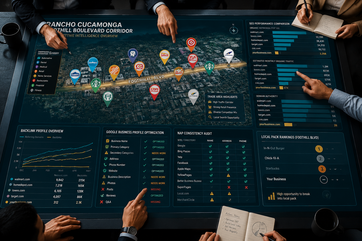 () bird's-eye view illustration of a competitive analysis war room concept: a large digital strategy table displaying a map