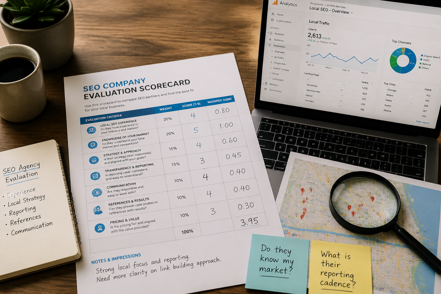 () bird's-eye view of a wooden desk with a printed SEO company evaluation scorecard, a magnifying glass over a local map