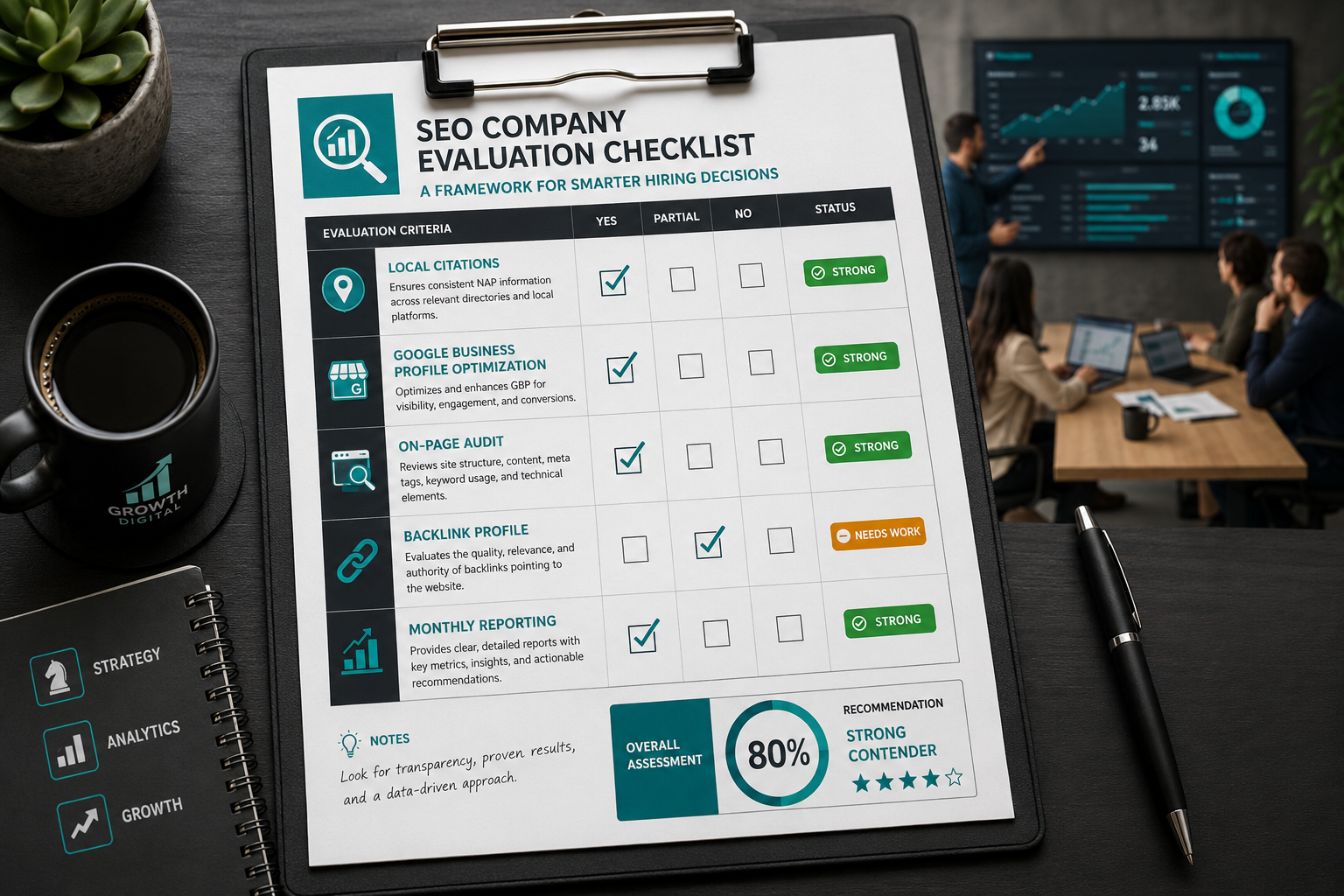 () detailed checklist visual showing a structured evaluation framework for hiring an SEO company, displayed as a