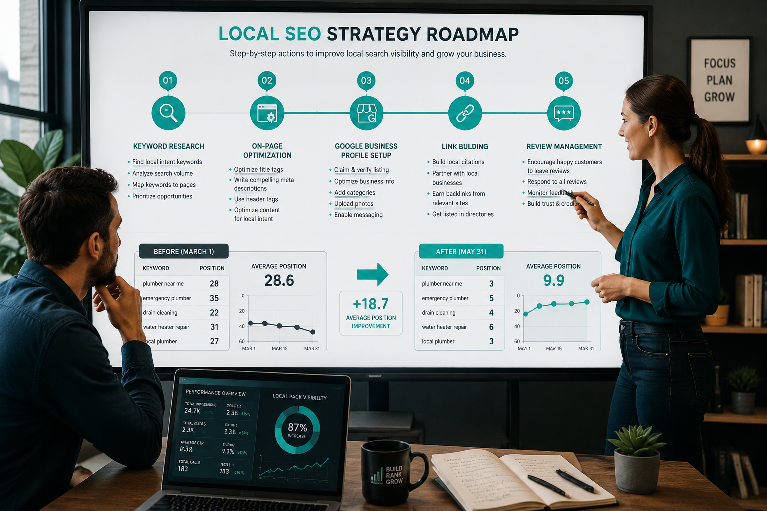 () detailed visual showing a step-by-step local SEO strategy roadmap displayed as a horizontal timeline on a digital