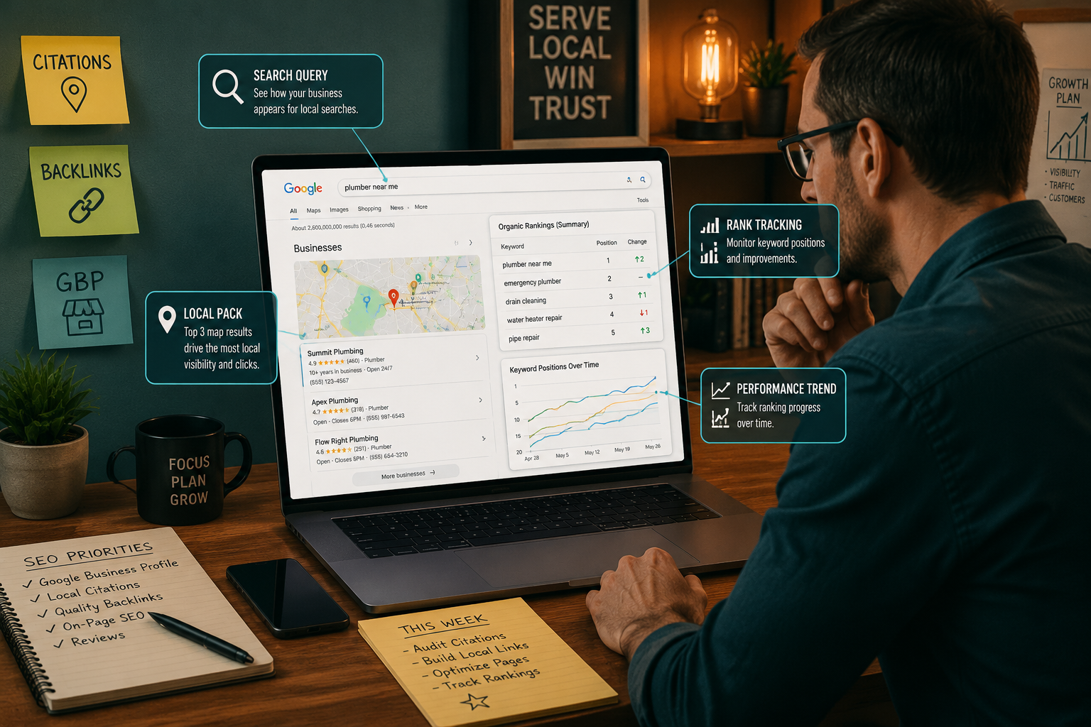 editorial illustration showing a small business owner at a wooden desk reviewing a laptop screen displaying Google search