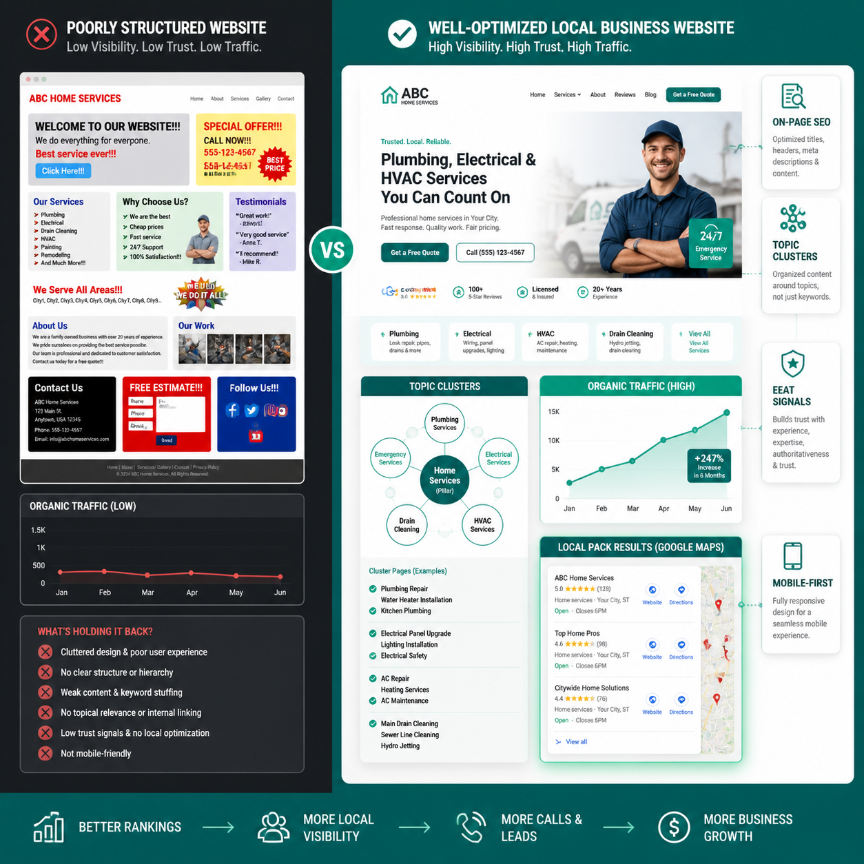 Comparison of poor vs. good website structure for SEO