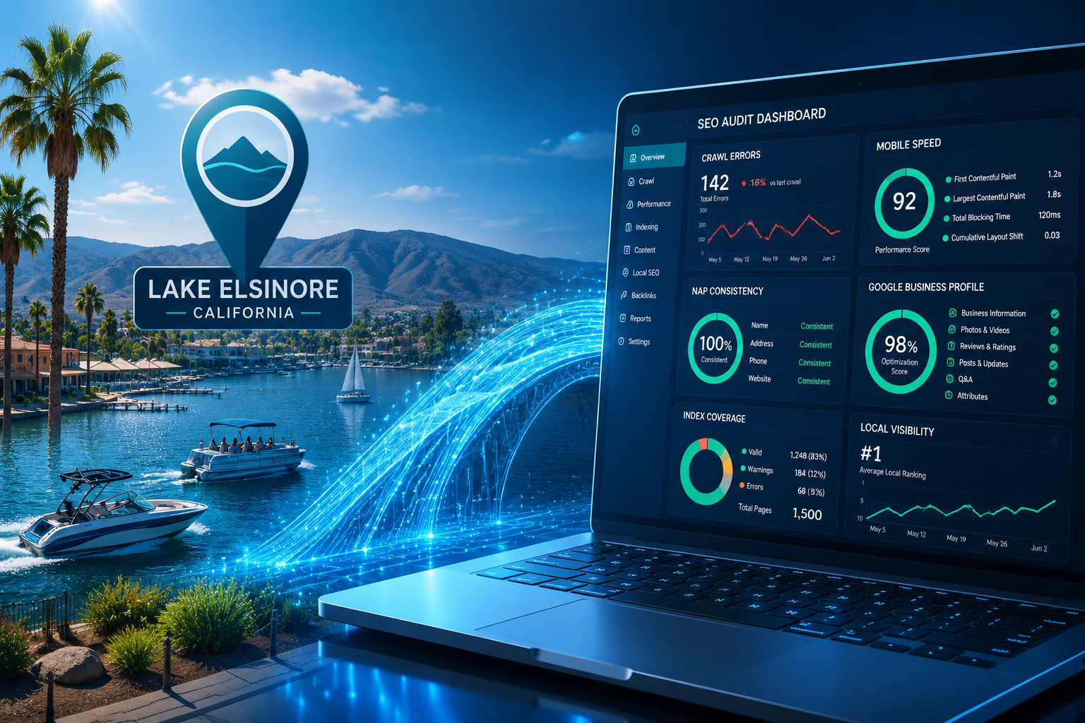 () editorial illustration showing a split-screen concept: left side features Lake Elsinore lakefront with recreational boats