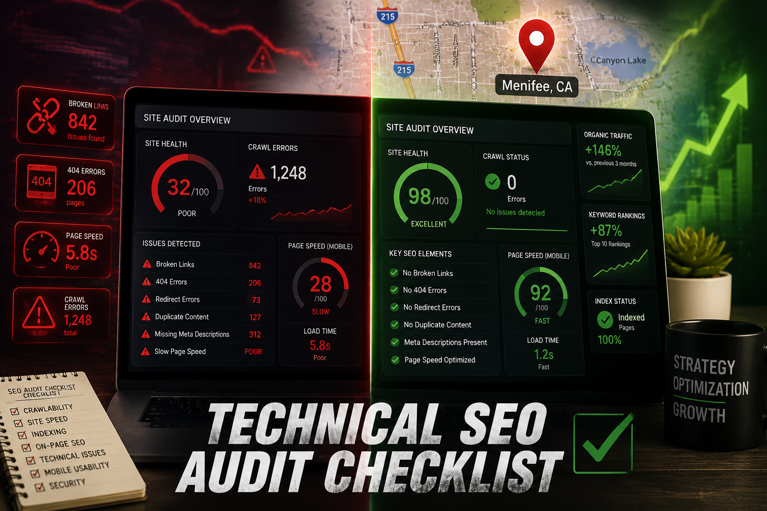 () editorial image showing a close-up split-screen concept: left side displays a cluttered, red-flagged website audit