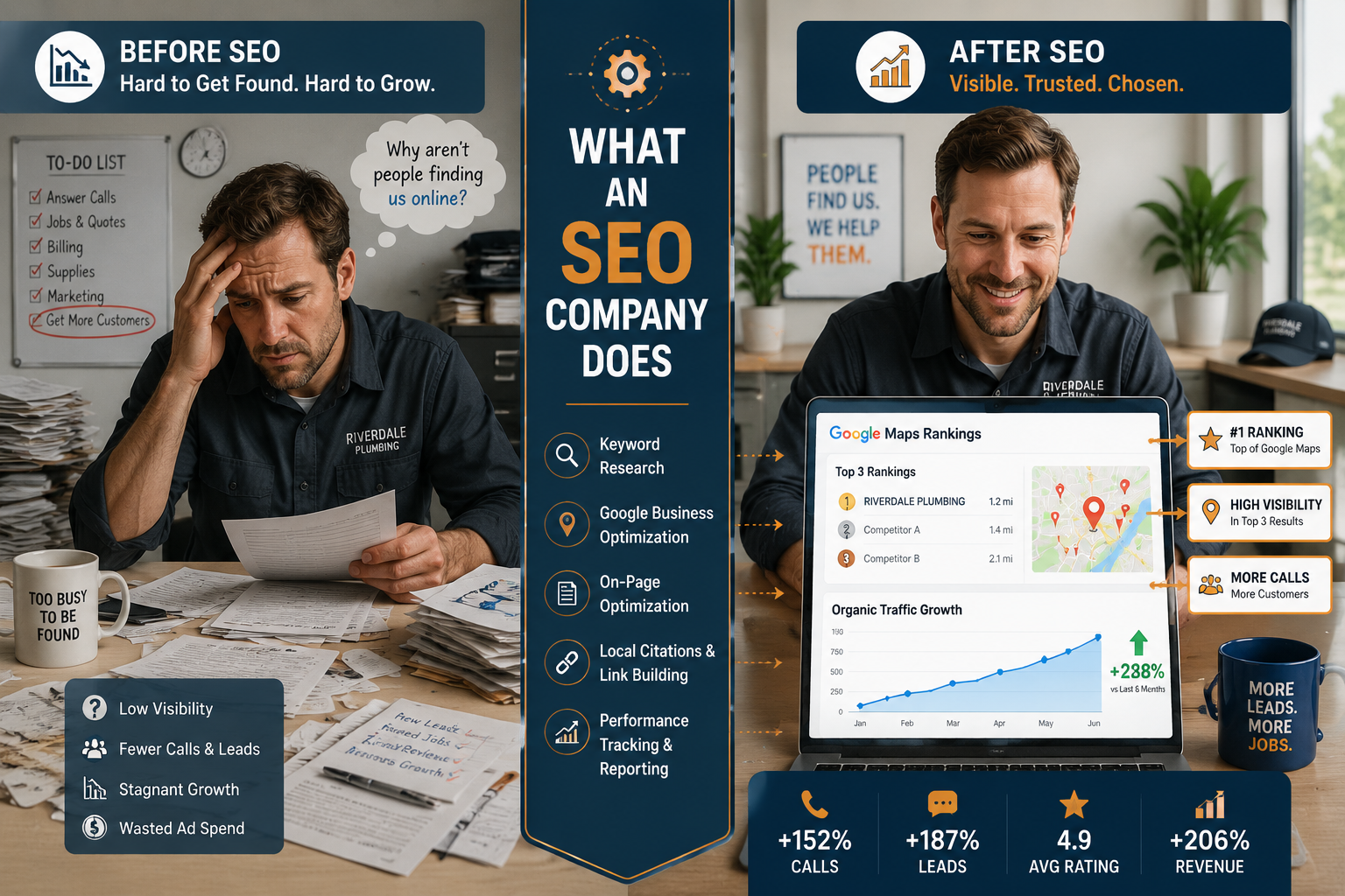 () infographic-style illustration showing a split comparison between a local business owner overwhelmed with paperwork on