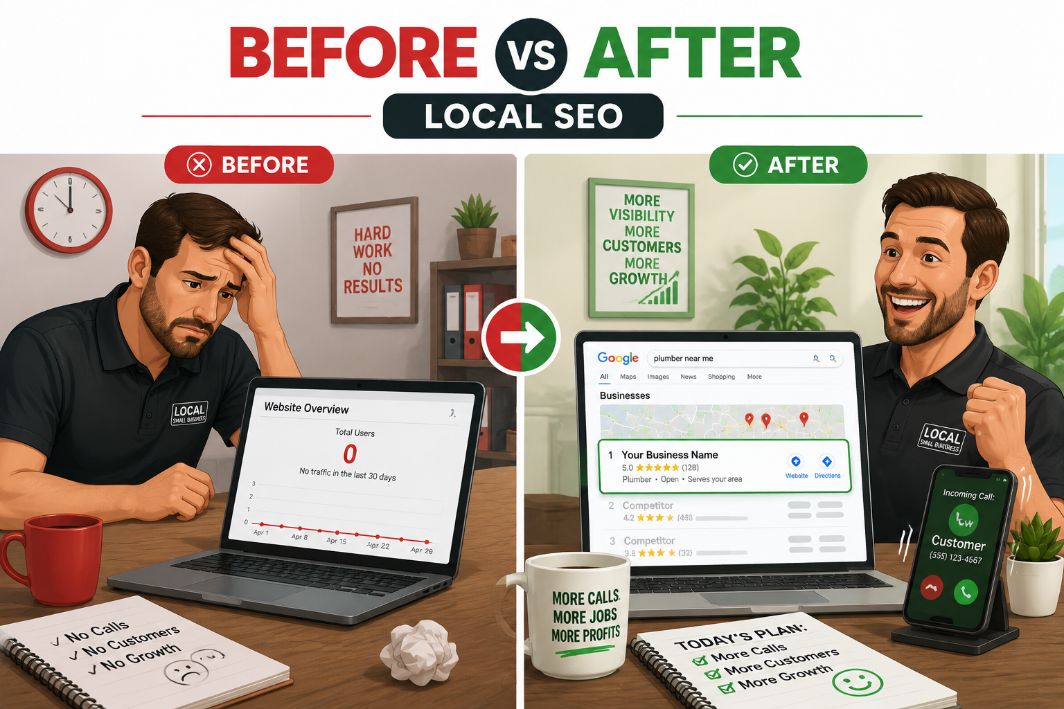() infographic-style illustration showing a split comparison: left side depicts a small business owner at a desk looking