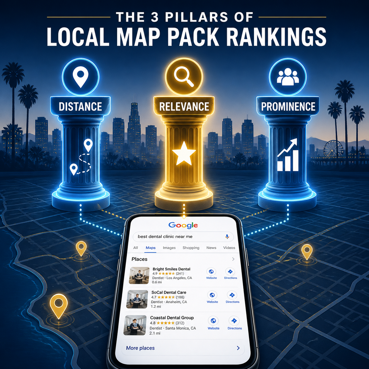 () infographic-style illustration showing the three pillars of local map pack rankings — Distance, Relevance, and Prominence