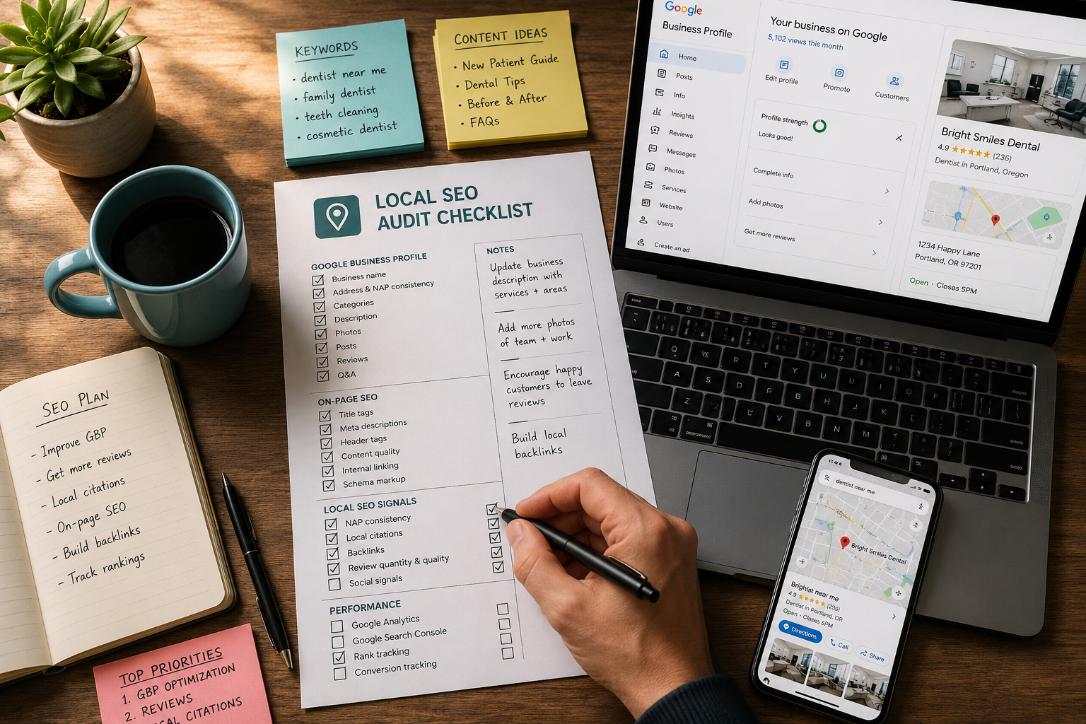() overhead flat-lay photograph of a small business SEO strategy workspace: a wooden desk with a printed local SEO audit