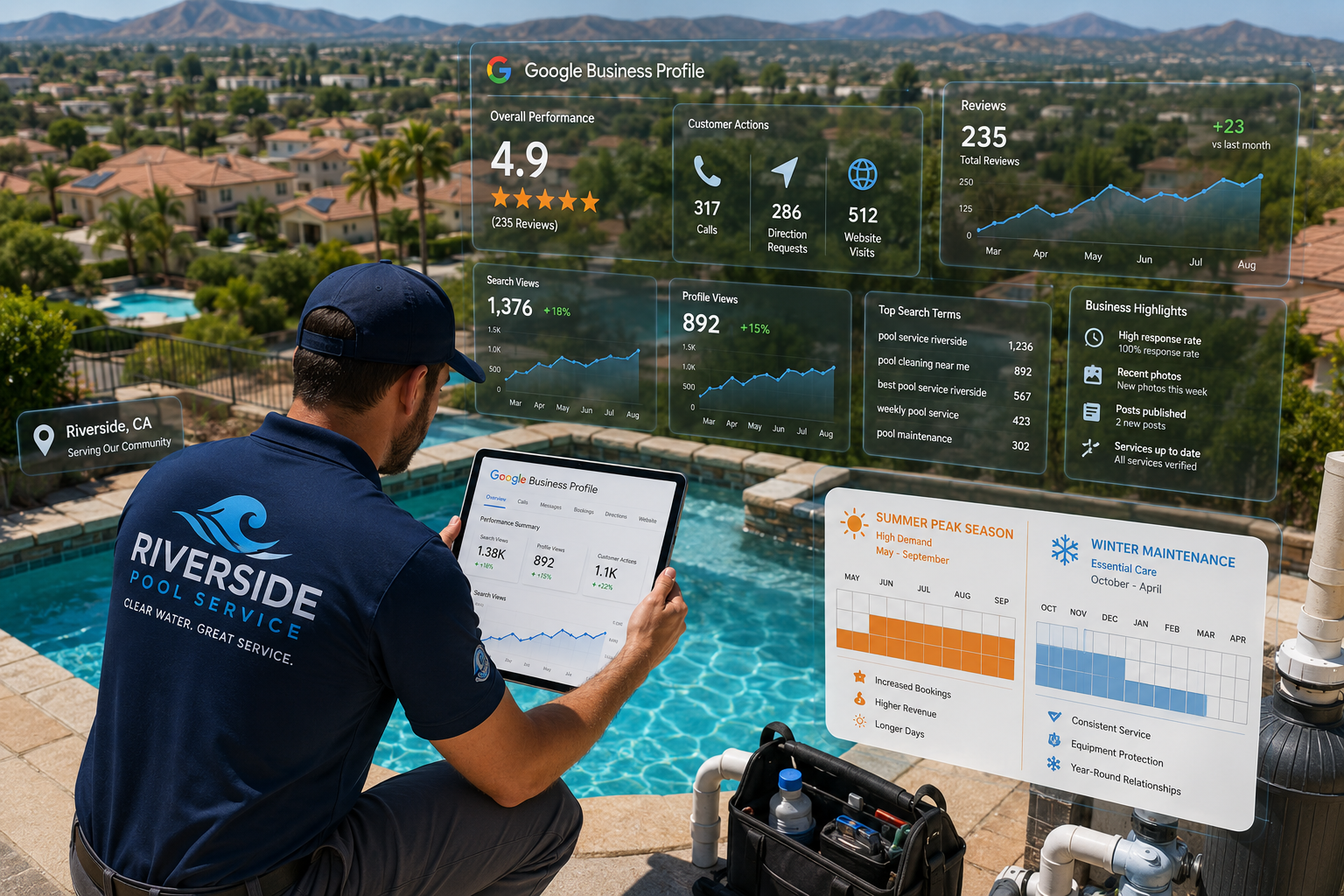 () showing an aerial bird's-eye view of a pool service technician in branded uniform kneeling beside a sparkling residential