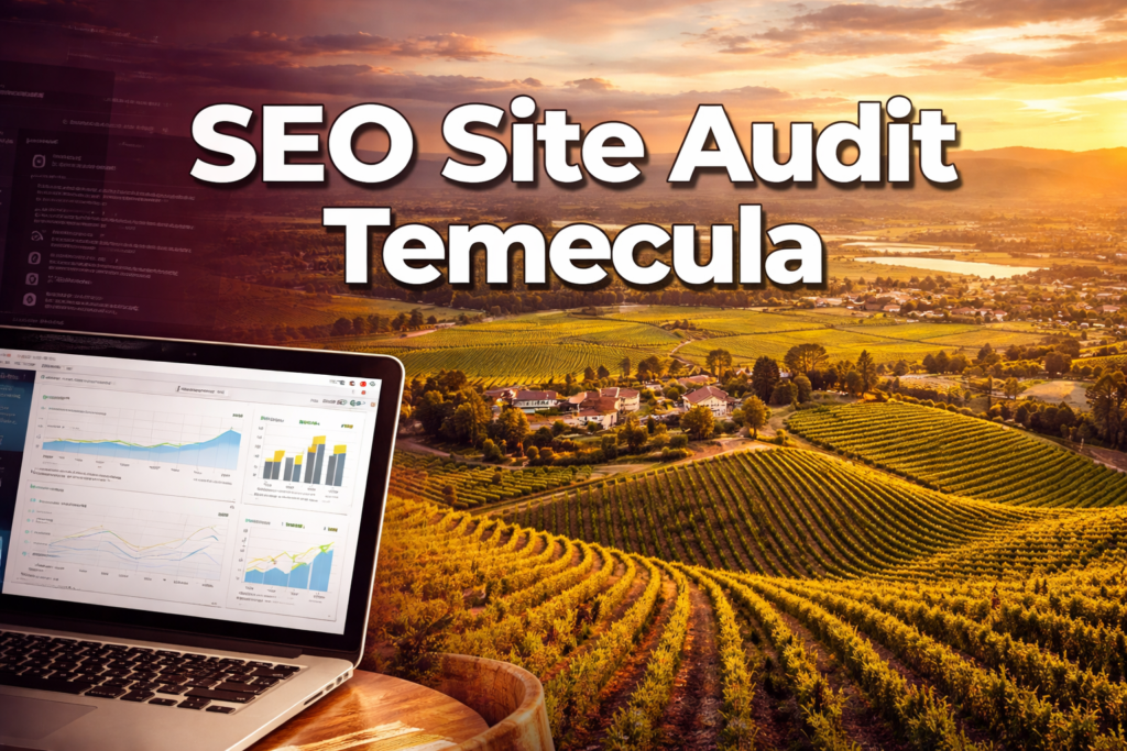 A laptop displaying SEO analytics sits in front of a vineyard landscape at sunset with the text "SEO Site Audit Temecula" overlaid.