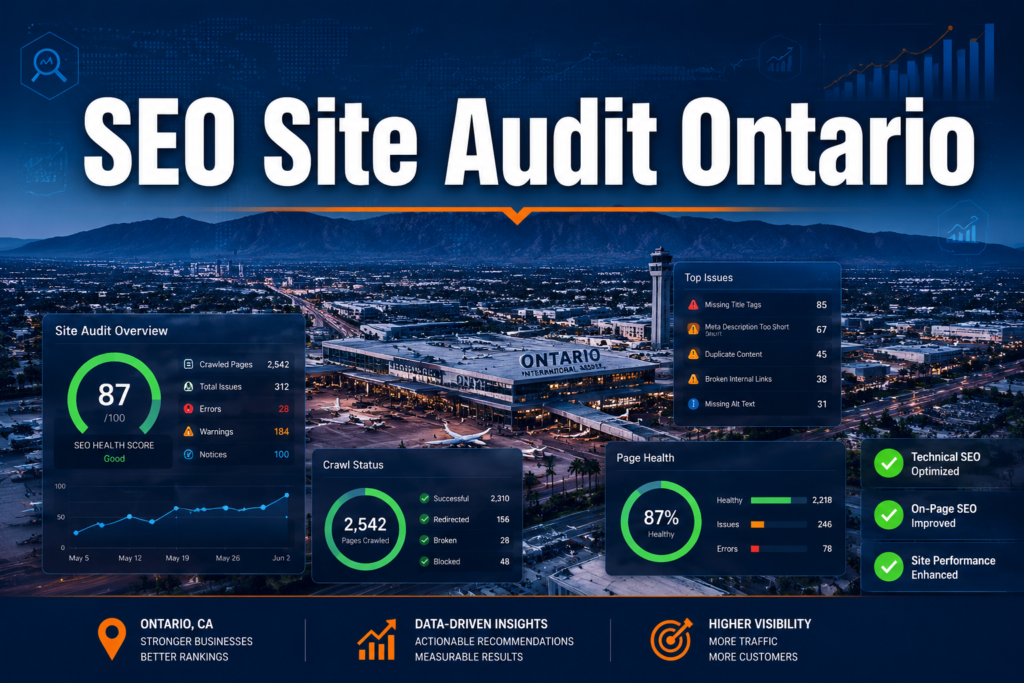 SEO audit overview dashboard for Ontario, CA, displaying site health score, crawl status, top issues, and benefits such as technical SEO optimization and higher visibility.