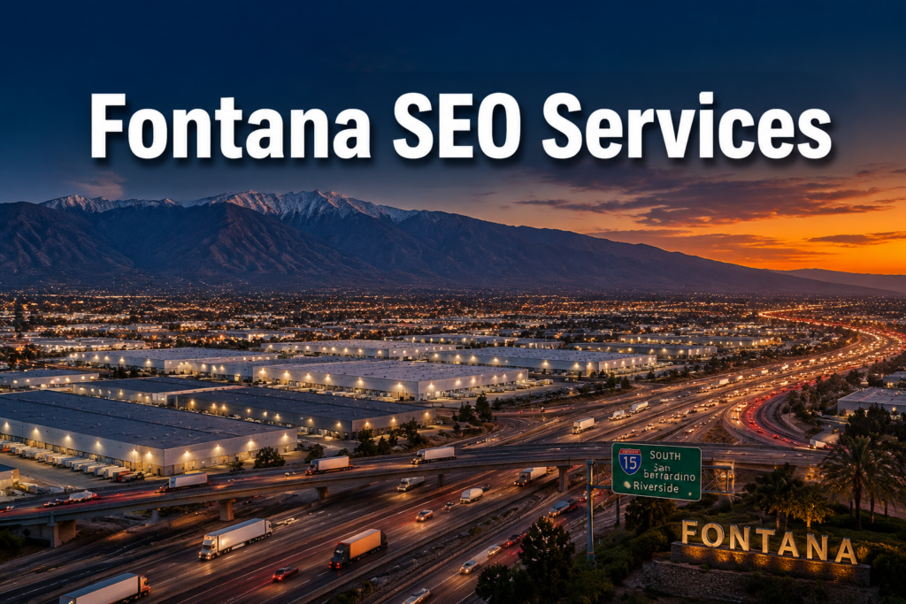 Aerial view of a highway and industrial area at sunset in Fontana, California, with large text reading "Fontana SEO Services.