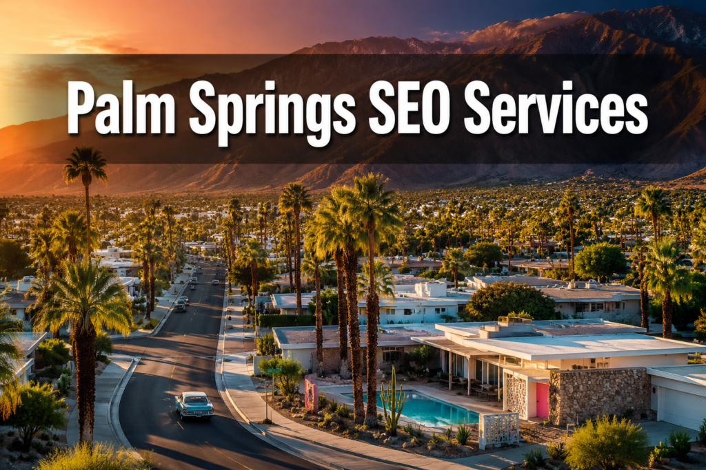 A residential neighborhood in Palm Springs at sunset with palm trees and mountains in the background, overlaid with the text "Palm Springs SEO Services.