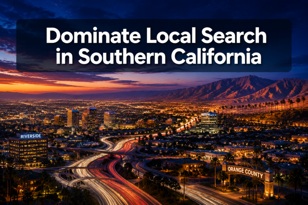 A cityscape at dusk with mountains in the background, highway traffic trails, and signs for Riverside and Orange County; large text reads "Dominate Local Search in Southern California.