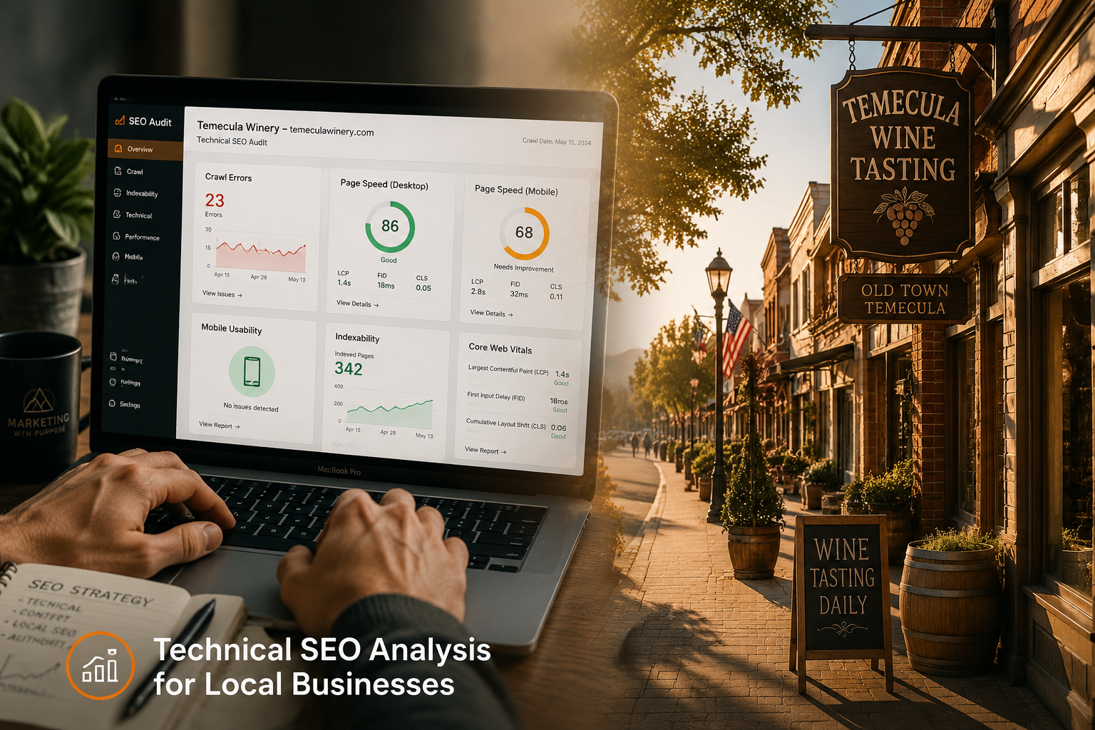 A person reviews SEO audit metrics on a laptop beside a Temecula wine tasting street scene; text reads "Technical SEO Analysis for Local Businesses.