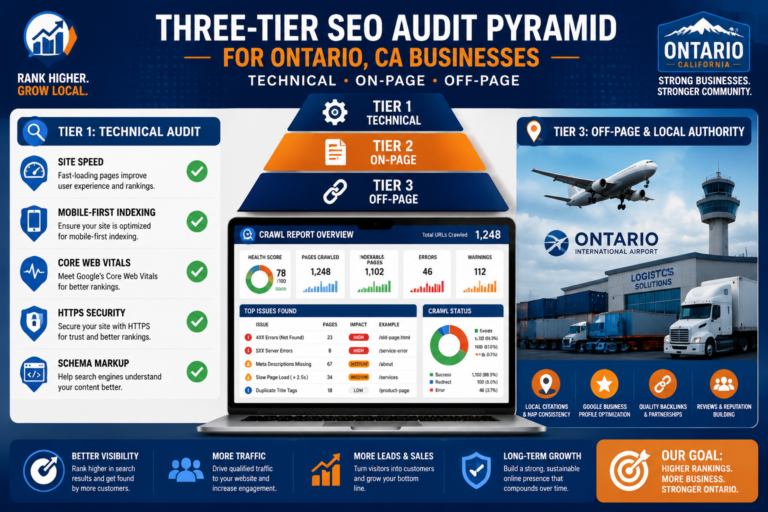 Infographic showing a three-tier SEO audit pyramid for Ontario, CA businesses, detailing technical, on-page, and off-page audits, with supporting charts, icons, and local business images.