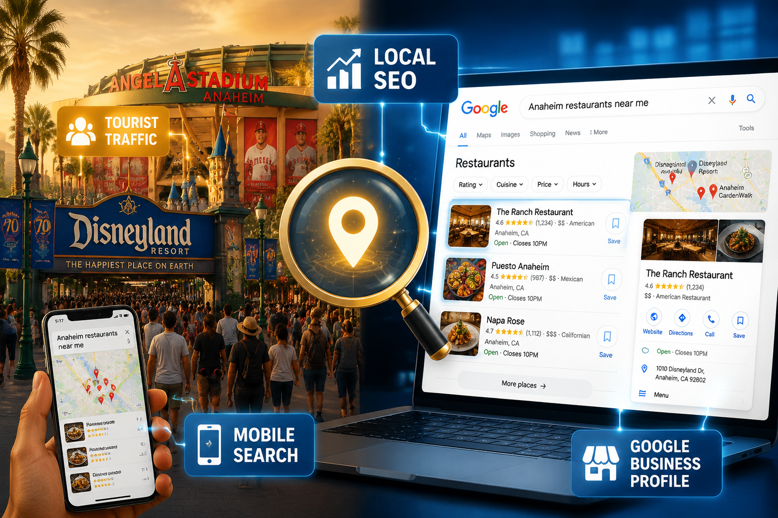 Digital collage showing Disneyland, Angel Stadium, a laptop with Google restaurant search, and a phone, highlighting tourist traffic, mobile search, local SEO, and Google business profiles in Anaheim.