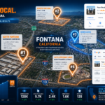 A digital map of Fontana, California, highlights business districts with rankings, stats, and local SEO features, emphasizing strategies for improving local search visibility.