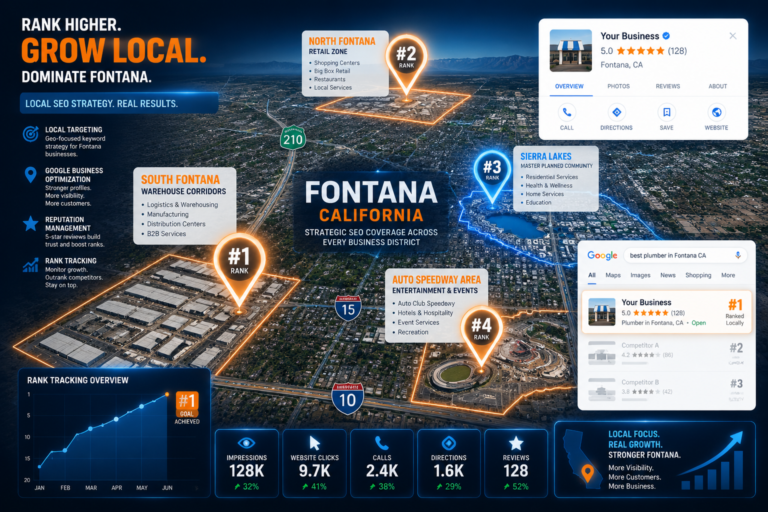 A digital map of Fontana, California, highlights business districts with rankings, stats, and local SEO features, emphasizing strategies for improving local search visibility.