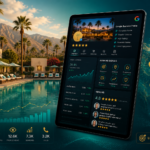 A digital tablet displays local SEO analytics and reviews for a Palm Springs hotel, shown poolside with palm trees and mountains in the background. Infographics highlight business metrics.