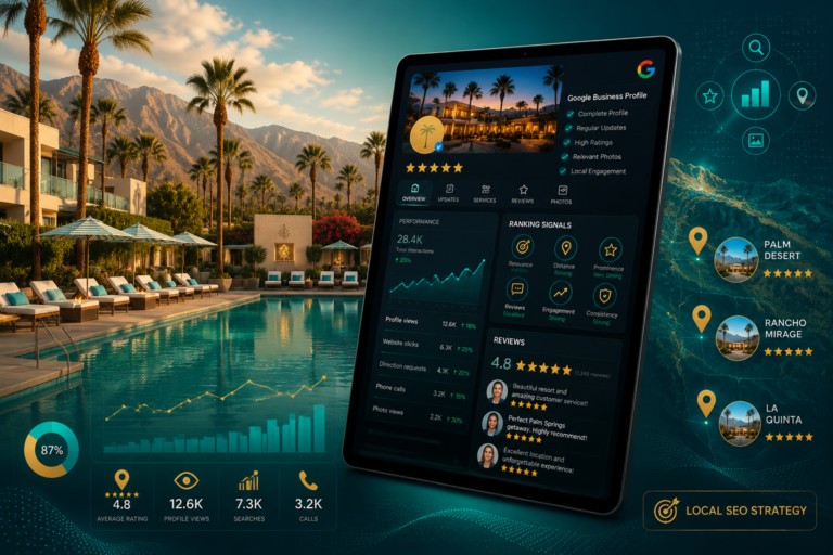 A digital tablet displays local SEO analytics and reviews for a Palm Springs hotel, shown poolside with palm trees and mountains in the background. Infographics highlight business metrics.