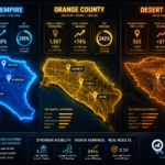 Infographic compares local SEO stats for Inland Empire, Orange County, and Desert Cities in Southern California, highlighting top search categories, ranking, and business profile growth.