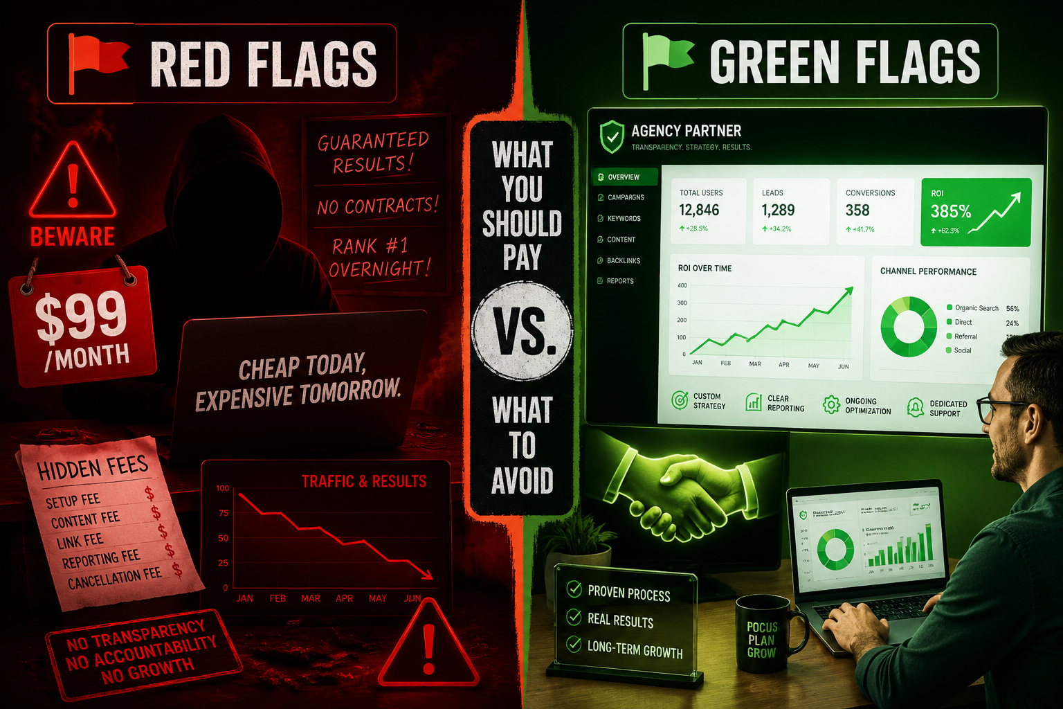 () split-panel comparison image showing two contrasting scenarios side by side. Left panel: a red-tinted 'Red Flags' warning
